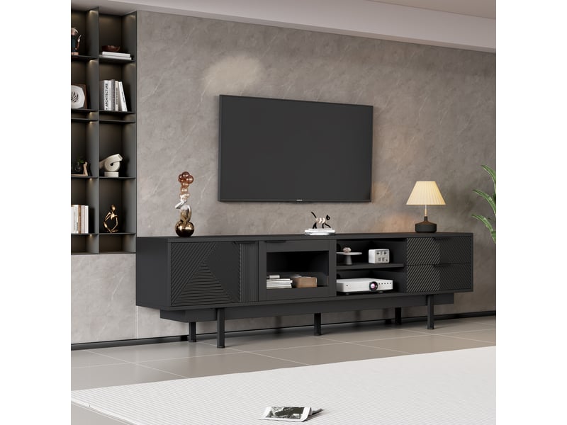  Meuble tv 200 cm noir pour téléviseur 80 pouces avec 2 portes et 2 tiroirs  - Conforama D