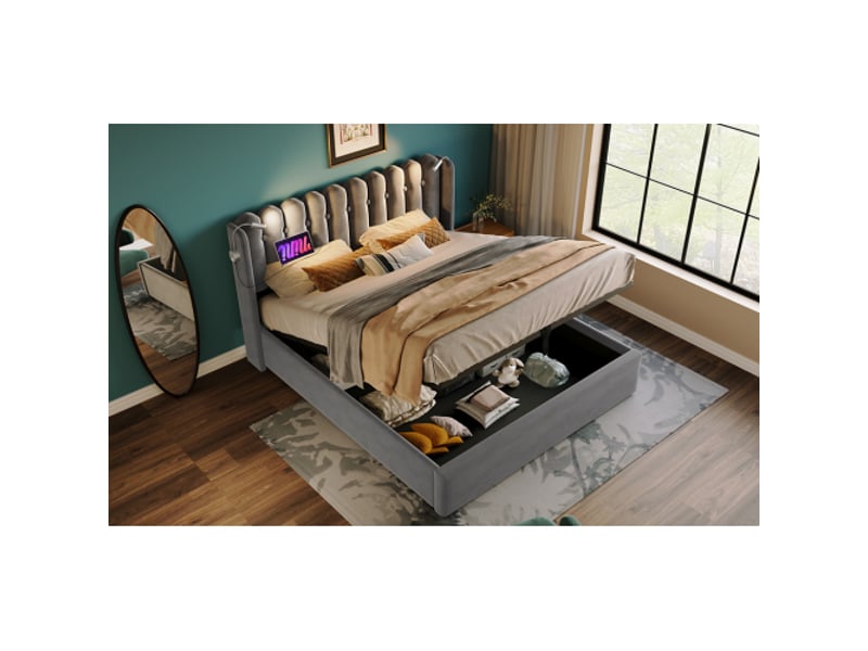  Lit double capitonné 140x200 gris velours avec rangements, tête de lit, usb et liseuse — sommier et matelas inclus  - Conforama E