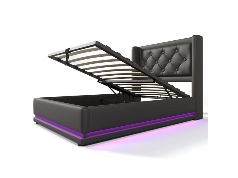  Lit coffre adulte 90x200 cm – noir – rangement hydraulique intégré, usbtype-c, led 3 côtés, avec matelas  - Conforama D