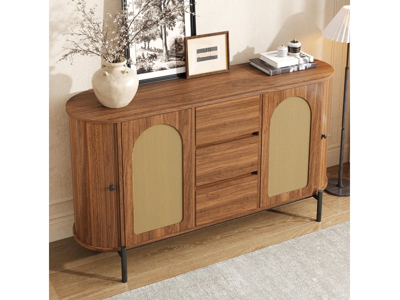  Buffet ovale 140 cm avec portes coulissantes et 3 tiroirs, finition noyer  - Conforama C