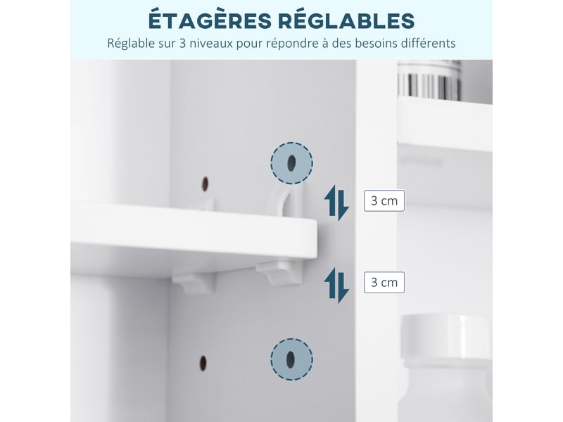  Armoire murale salle de bain avec miroir, meuble salle de bain, blanc, 7 étagères ouvertes et placard,100 x 15 x 70 cm  - Conforama R