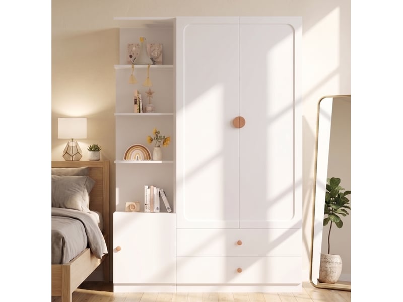 Armoire avec 2 tringles, 2 tiroirs et colonne latérale modulable pour chambre, en mdf, blanc, 135 × 45 × 200 cm - Conforama B