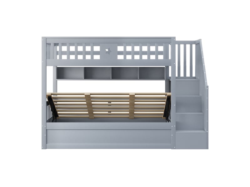  Lit mezzanine avec rangement hydraulique, bois gris, 90x200 cm, escalier-rangement et étagères  - Conforama E