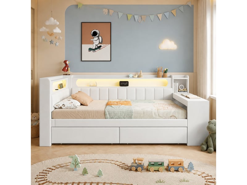  Lit simple 90x200 cm rembourré avec bureau, tiroirs, led et prises usb blanc  - Conforama B