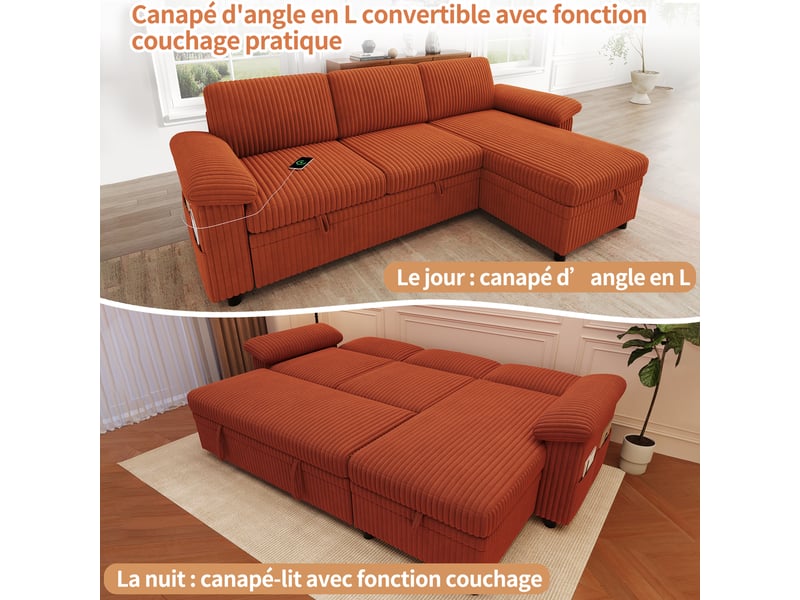  Canapé d’angle convertible 3 places 214 x 138,5 x 89 cm, méridienne coffre réversible, usb-c, dossier réglable, velours côtelé, orange OMNIGLINT TRADING LTD - Conforama E