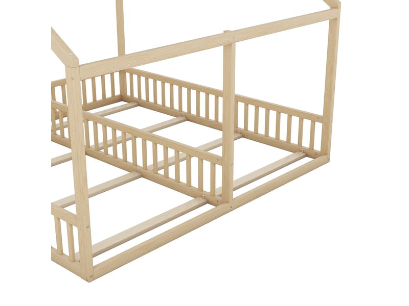  Lit cabane enfant 90x200, sécurité renforcée lit combine enfant, structure bois massif, design maison ludique, garde-corps haut  - Conforama D