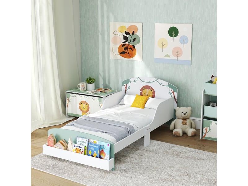  Lit enfant bas en bois avec barrières latérales, rangement au pied, vert 150x77x60 cm  - Conforama D