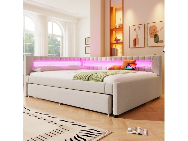  Lit gigogne 140x200 cm led usb type-c mdf beige sans matelas, éclairage télécommandé, lit extensible, revêtement lin  - Conforama D