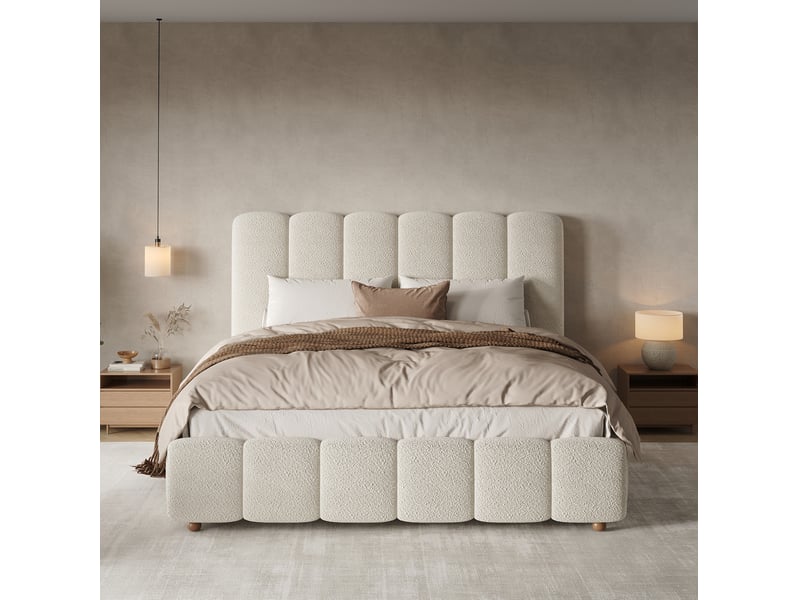  Lit double 140 × 190 cm avec coffre relevable hydraulique sommier et tête de lit en bouclette blanche pour chambre  - Conforama E