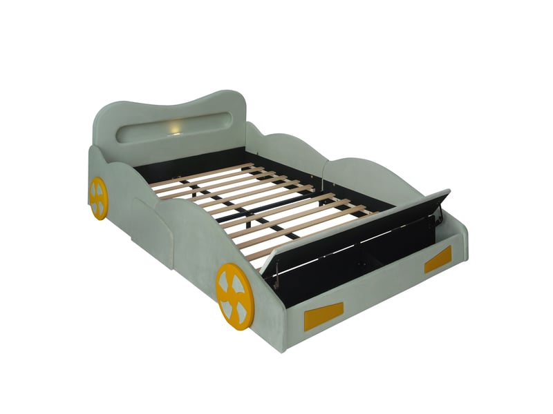  Lit enfant voiture 140x200 cm avec rangement, liseuse et port de charge, vert, sans matelas  - Conforama E