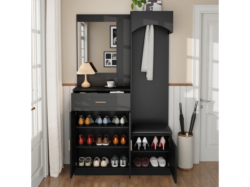  Vestiaire compact moderne avec armoire, meuble à chaussures, miroir, banc et tablettes réglables, noir  - Conforama C