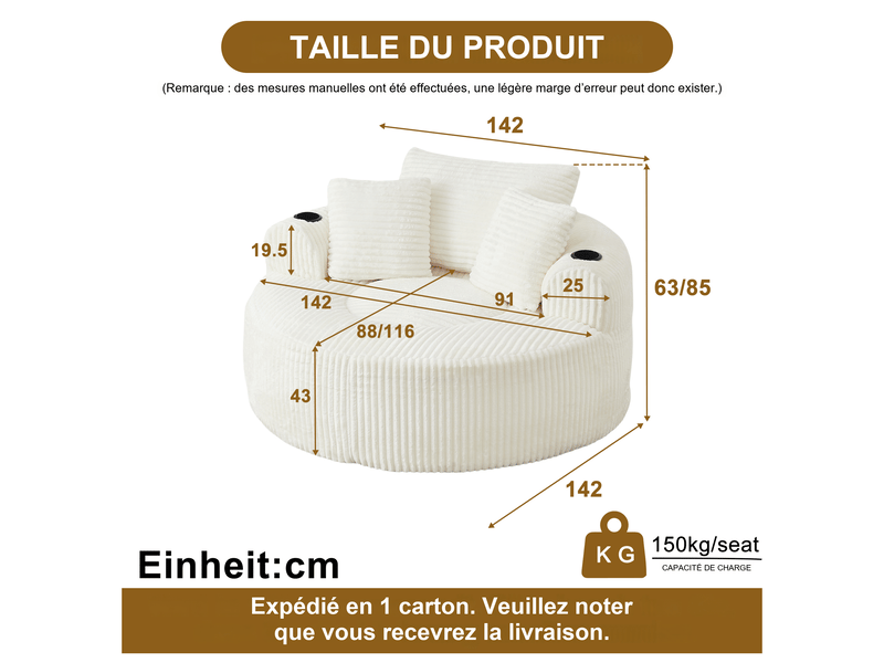  Fauteuil lounge rond 1 place en velours côtelé beige 142x142 cm, 2 porte-gobelets, 3 coussins, rangement latéral, salon ou chambre 142X142X85cm - Conforama C