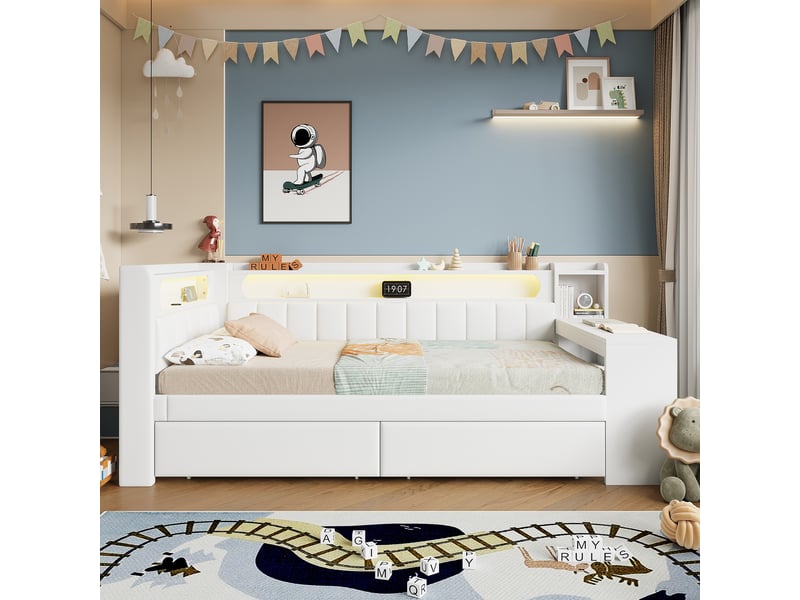  Lit plateforme 90x200 cm avec bureau, 2 tiroirs, led 7 couleurs, ports usb, tissu lin blanc, sans matelas  - Conforama W