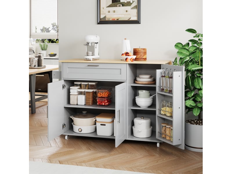Desserte de cuisine 132.5x44(70)x90 cm grise, plateau pliant effet chêne - Conforama D