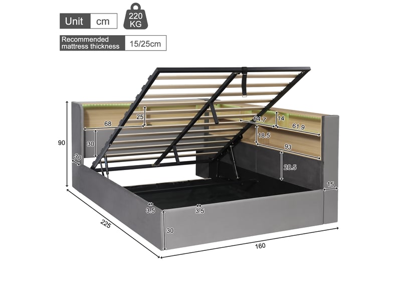  Daybett 140x200 cm mit hydraulischem stauraum, polsterbett, tagesbett, schlafsofa mit led, usb &amp; rückenlehne, samt, grau  - Conforama C