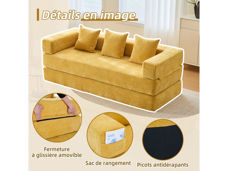  Canapé-lit convertible compressée modulable 3 places,198x79x60cm,avec poches latérales et base anti-glisse,chenille,jaune moutarde  - Conforama E