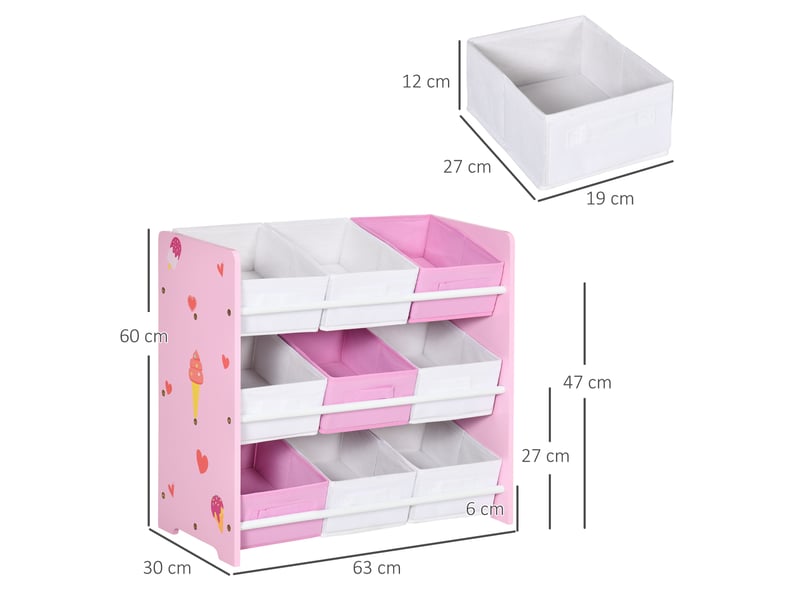  Armoire à jouets avec 9 paniers amovibles en bois et tissu, 63 x 30 x 60 cm, rose et blanc  - Conforama D