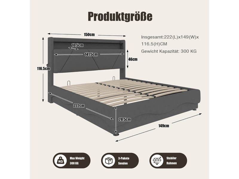  Lit coffre 140x200 cm rembourré avec rangement hydraulique, tête de lit avec étagères, LED, USB et Type-C Fay Lum - Conforama C