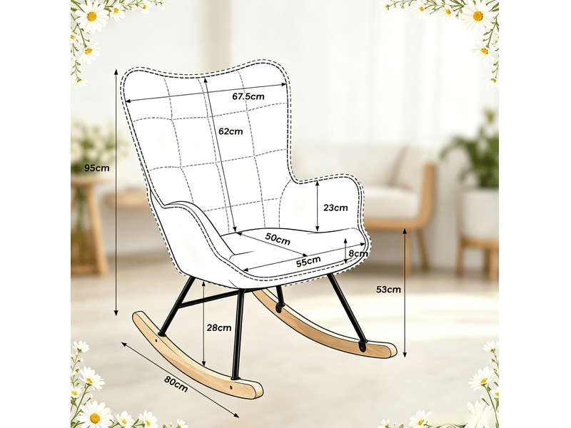  Rocking-chair ergonomique avec haut dossier, accoudoirs courbés et assise rembourrée en velours beige, 67,5 × 65 × 95 cm  - Conforama E