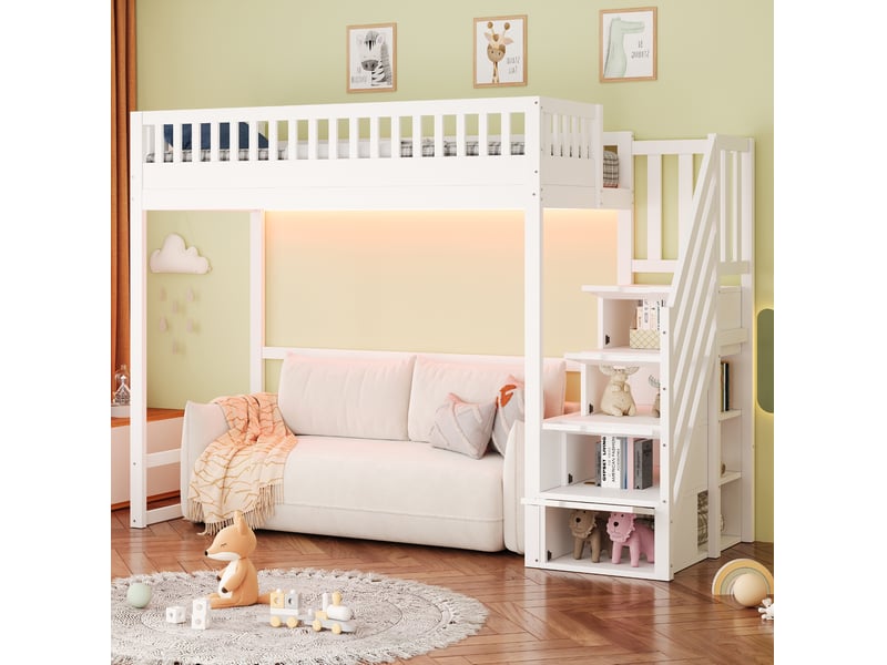  Lit mezzanine 90×200 cm avec rangements, led et échelle réversible, bois, blanc, sans matelas  - Conforama E