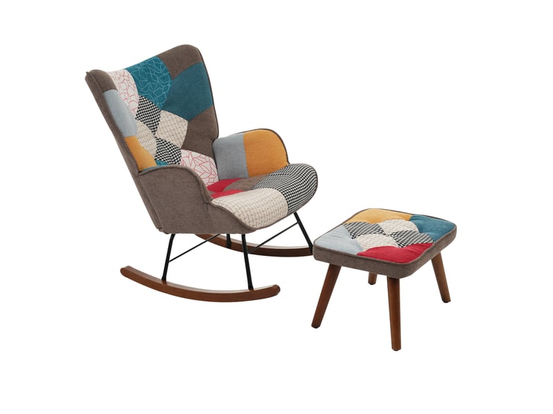 Fauteuil à bascule avec repose-pieds, fauteuil patchwork coloré rembourré, structure en bois et métal pour salon - Conforama R