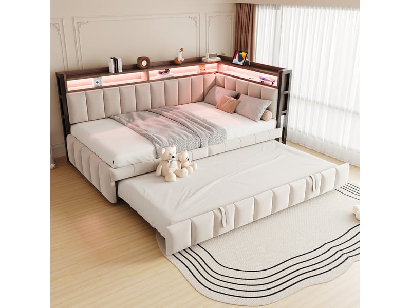 Lit gigogne 90x200 cm en velours beige avec led et ports usb - Conforama B