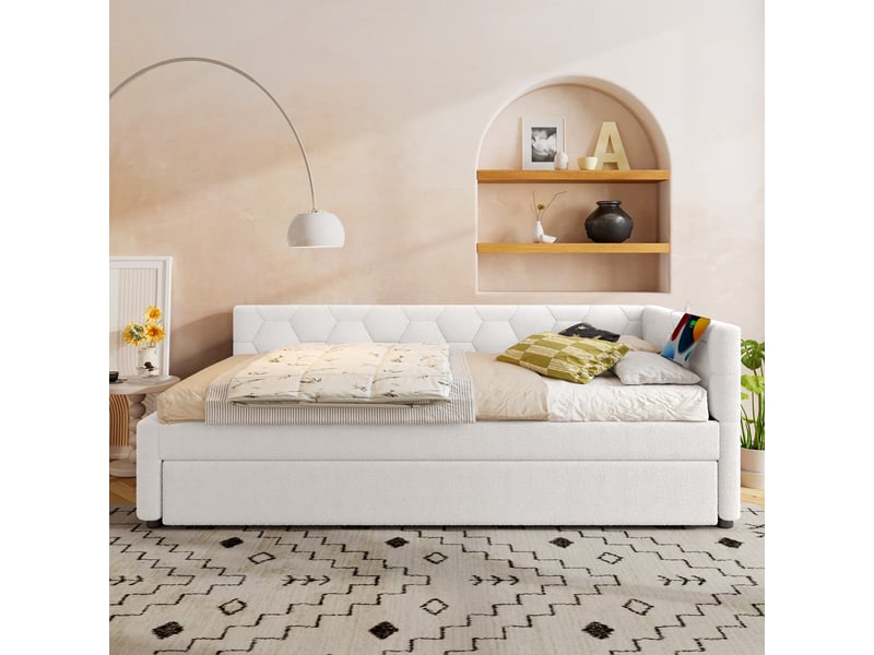 Lit de jour 90x200 canapé lit enfant avec lit gigogne et ports usb, tissu bouclette blanc  - Conforama B