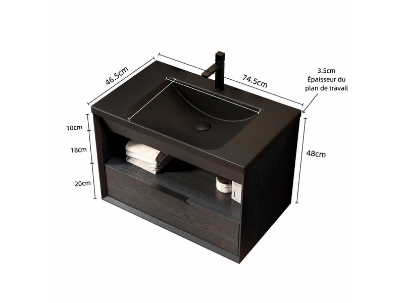  Meuble vasque suspendu 75 cm avec vasque intégrée en céramique noire mate, tiroir et étagère  - Conforama C