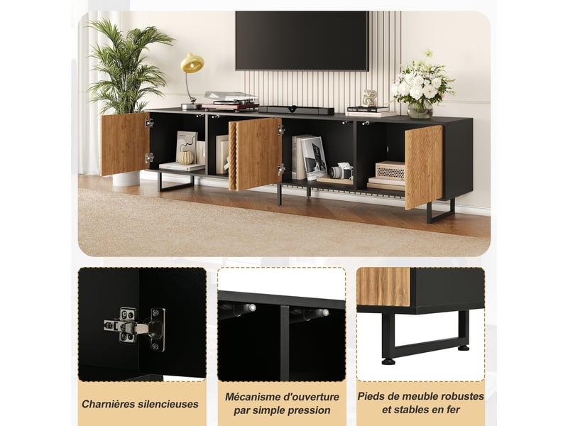 Meuble tv 180 cm avec 4 portes de rangement meuble tv bas en bois pour téléviseurs jusqu'à 80 pouces naturel et noir BUBBLY - Conforama D