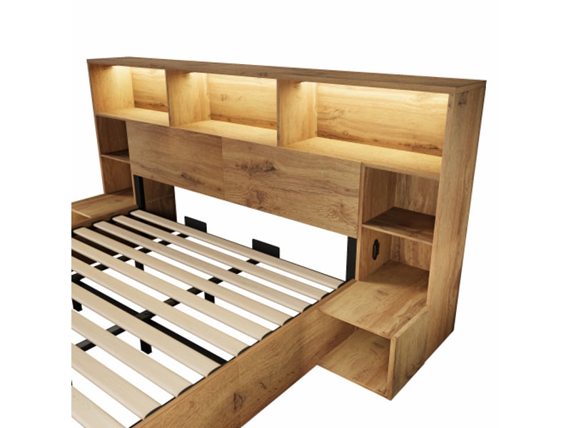 Lit coffre 180x200 cm - look chêne, rangement hydraulique, chevets, tête-de-lit avec étagère, led-usb-c, sans matelas - Conforama E