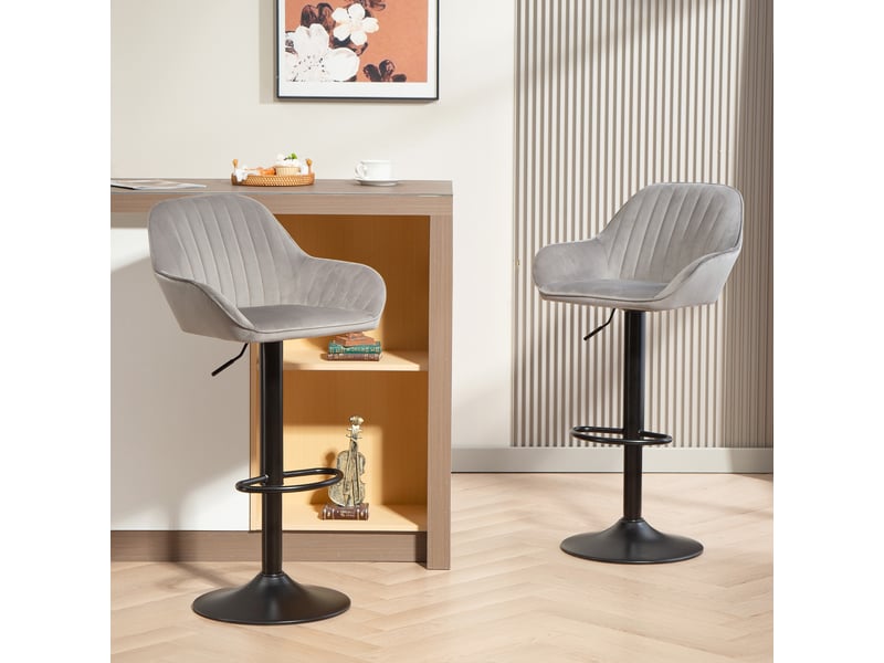  Lot de 2 tabourets de bar, chaises de bar en velours avec dossier, repose-pieds, hauteur réglable et pivotante gris  - Conforama C