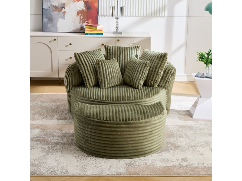Fauteuil lounge rond en velours côtelé avec repose-pieds, canapé relax grande taille avec 5 coussins, assise profonde pour salon, vert émeraude - Conforama D
