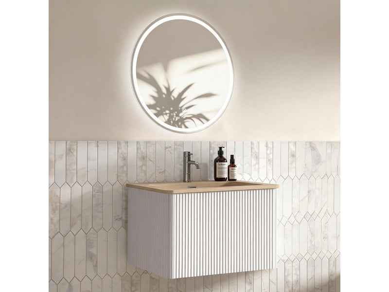 Meuble de salle de bain suspendu 60 cm miroir led rond avec fonction anti-buée vasque blanc - Conforama B