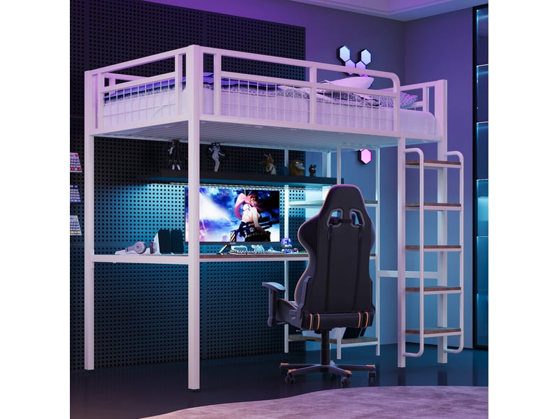  Lit mezzanine en métal 90x200 cm avec bureau intégré, garde-corps et échelle à marches, blanc sans matelas  - Conforama B