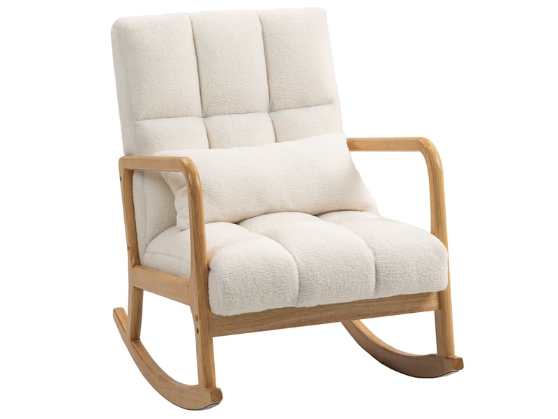  Fauteuil à bascule inclinable 90°-130° avec coussin lombaire, revêtement en tissu sherpa, 64,5 x 82 x 89 cm, coloris blanc et bois  - Conforama B