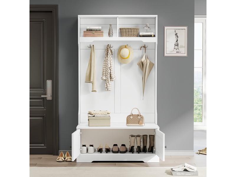  Vestiaire d’entrée 101,5x183 cm - banc à chaussures avec rangement, 4 crochets et 2 niches ouvertes - blanc  - Conforama W