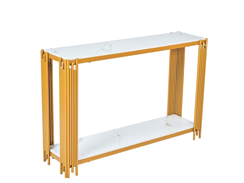  Console 123,5 cm – effet marbre blanc et doré avec 2 étagères – meuble d'entrée moderne – structure métallique robuste  - Conforama D
