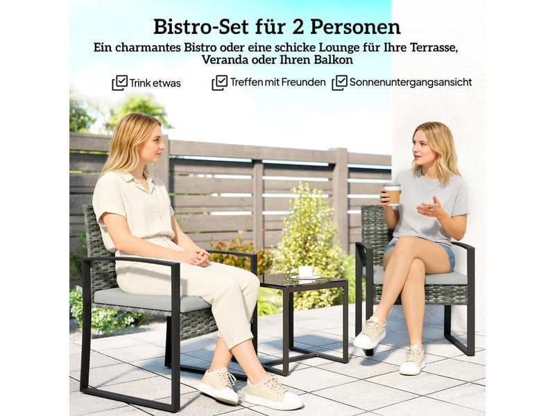  Ensemble table et chaise de jardin avec 2 fauteuils, 1 table basse et coussins, rotin synthétique et acier gris clair  - Conforama C
