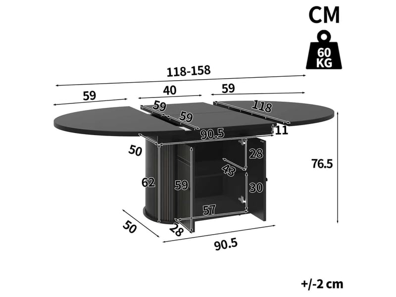  Table de salle à manger extensible 118-158x118x76,5 cm pour 4 à 6 personnes avec rangement, gain de place, table de cuisine - noir  - Conforama C
