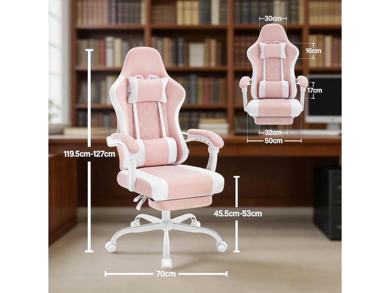 Chaise de bureau pivotante avec massage lombaire, dossier inclinable et accoudoirs mobiles en tissu mesh rose et blanc - Conforama E