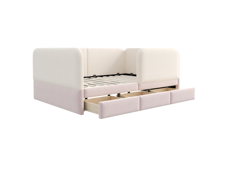  Lit enfant 140x200 cm - 3 tiroirs de rangement - lit 2 places rembourré en velours - rose  - Conforama W