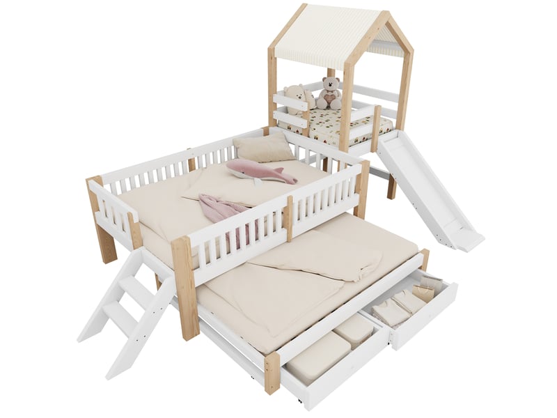  Lit superposé 90 × 200 cm et 90 × 190 cm, toboggan, escalier et 2 tiroirs, sans matelas, bois massif blanc naturel  - Conforama A