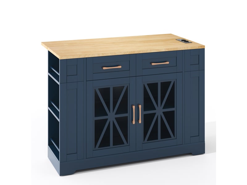  Îlot de cuisine mobile 120 × 4065 × 92 cm en mdf, table rabattable, prises ac et usb, porte vitrée et roulettes freinées  - Conforama A