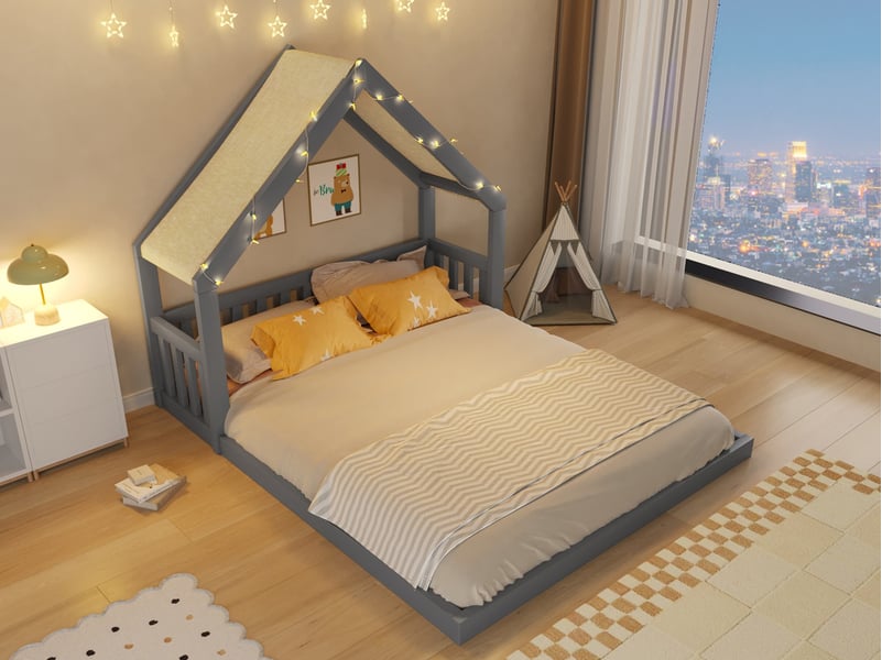  Lit cabane en bois, 140 x 200 cm, avec toit en tissu et guirlande lumineuse, sommier à lattes inclus, gris  - Conforama B