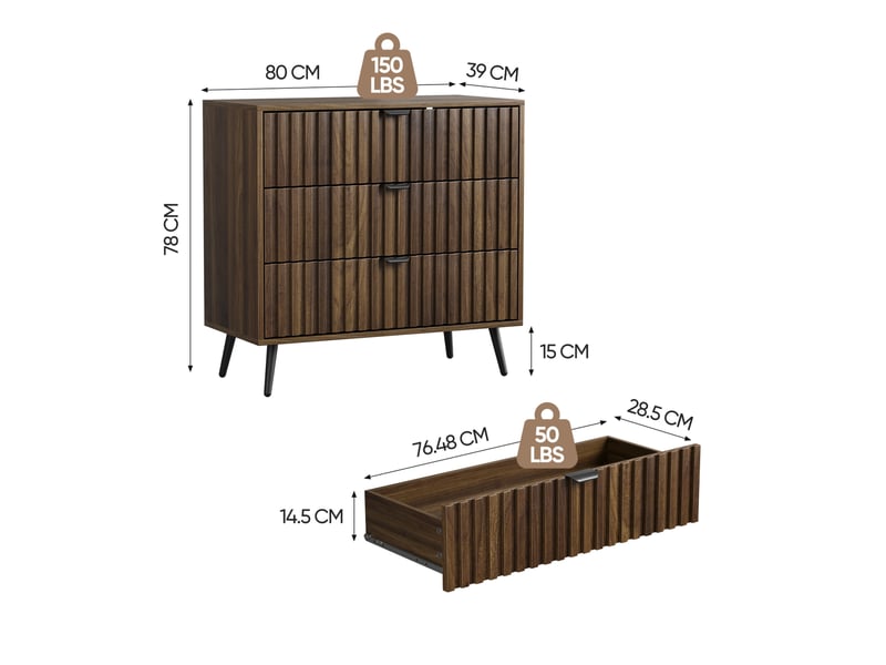  Commode à 3 tiroirs avec poignées et pieds métal, rangement pour chambre, salon ou entrée, mdf noyer, 80 × 39 × 78 cm  - Conforama E