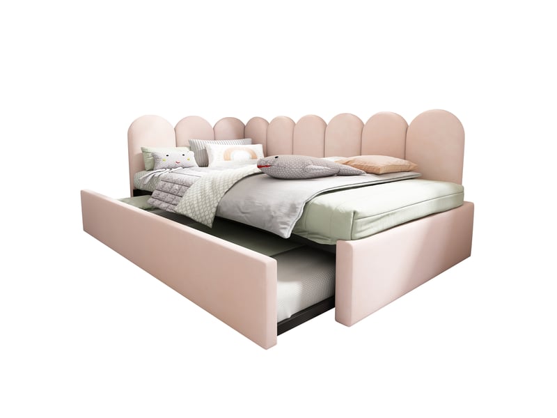  Lit gigogne rembourré 90x200 cm avec lit d'appoint 90x190 cm, banquette-lit enfant avec sommiers à lattes et roulettes, sans matelas, velours, beige OPULERANE TRADING LTD - Conforama A