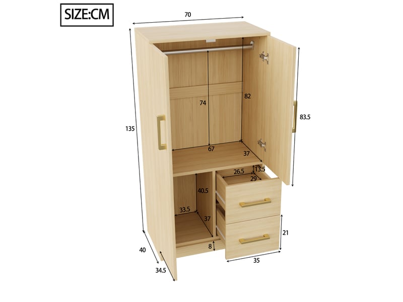 Armoire à vêtements 2 portes 70 x 40 x 135 cm, avec tiroirs et rangements, chambre enfant, bois naturel - Conforama C