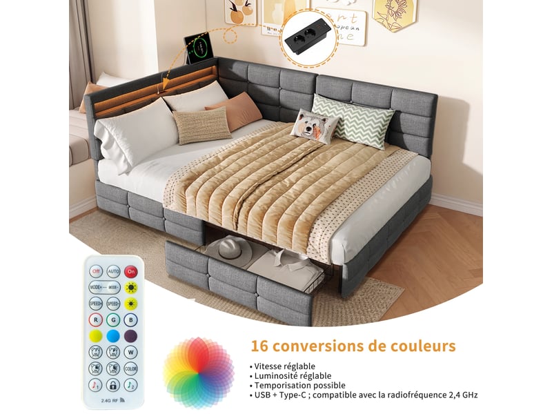  Lit 140x200cm - lit double 140x200 - lit rembourré en l avec 2 tiroirs, éclairage led, ports usbtype-c - tissu en lin gris  - Conforama D