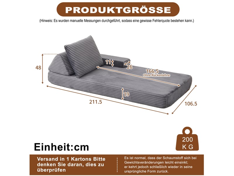  Canapé modulaire 1 place, dossiers et accoudoirs mobiles, coussin long en velours côtelé gris, 211,5 × 106,5 × 48 cm  - Conforama C