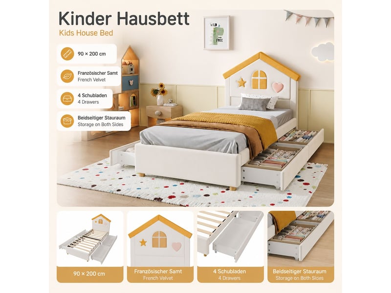  Lit ado 90 x 200 cm en velours beige structure maison tête de lit maison lit rembourré quatre tiroirs de rangement intégré  - Conforama C